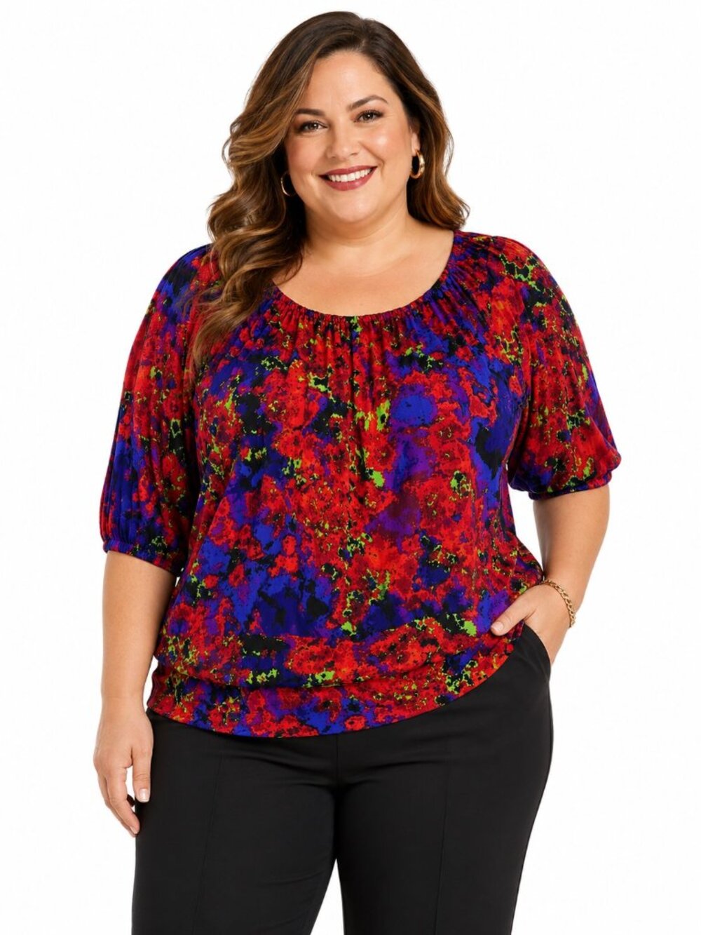 24/7 Comfort Multicolor Pullover Scoop Neck Half Sleeve Knit Top Womens Plus 3X